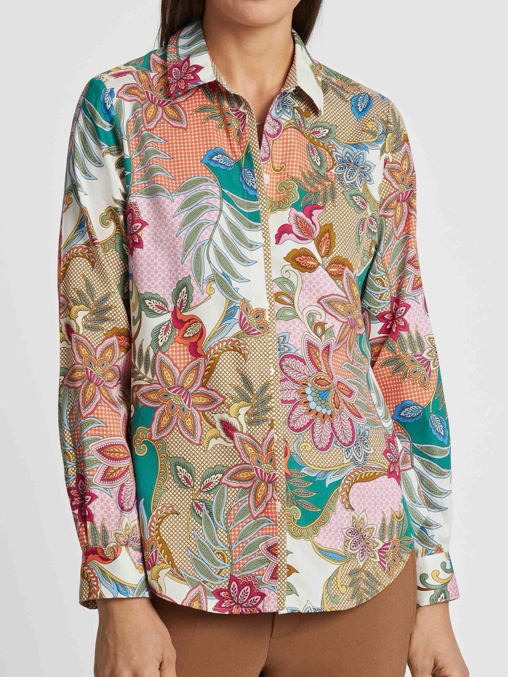 Foxcroft Charlie Cotton Button Down Shirt Floral Paisley Patchwork Women’s 10